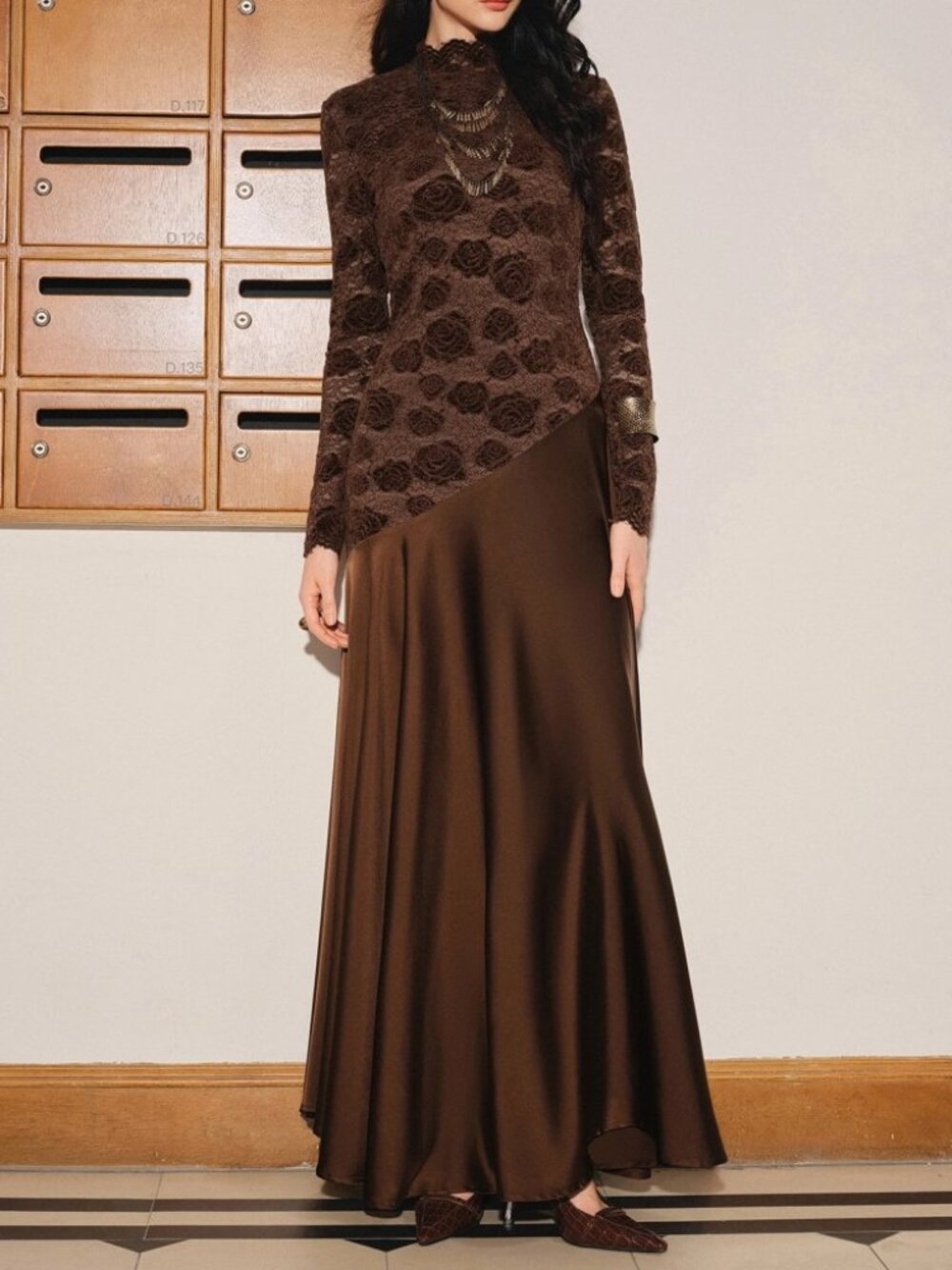 Brown Rose Lace Bodice Satin Skirt Asymmetric Hem Maxi Dress